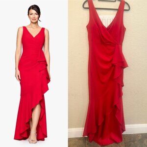 Betsy & Adam Size 8 Red V-Neck High-Low Ruffles Cascade Formal Zip Up Dress